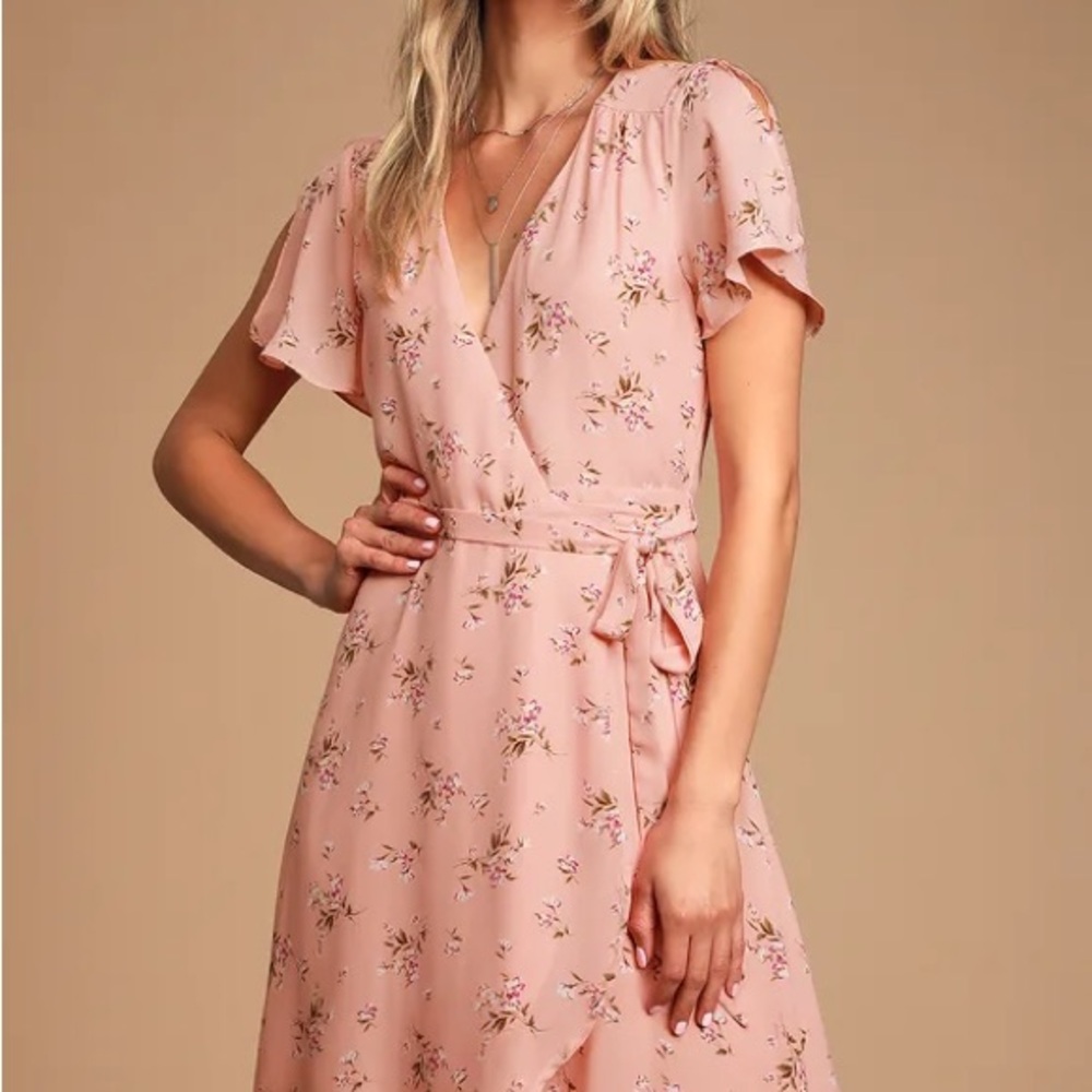 NWT Lulus Pink Floral Print Midi Wrap Dress